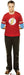 Man wearing a red t-shirt with a yellow lightning bolt symbol on the chest, blue long-sleeve shirt underneath, and dark plaid pants, standing against a white background.