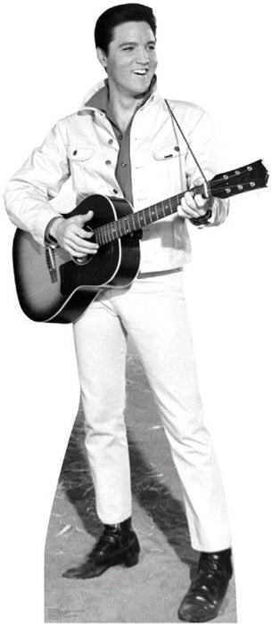 Black and white cardboard standup cutout of a man in a white western-style shirt and pants holding an acoustic guitar, smiling toward the right.