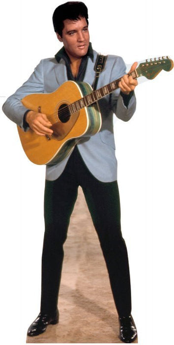 Life-size cardboard standup of a man in a light blue jacket and black pants holding an acoustic guitar with a black collar detail.
