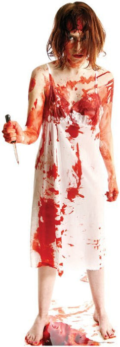 Life-size cardboard cutout of a woman in a blood-stained white dress holding a knife, designed as a horror-themed decoration.
