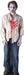 Lifesize cardboard standup of a zombie man wearing a stained beige shirt with bloody handprints and a mouth covered in red makeup, paired with distressed blue jeans.