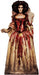 Life-size cardboard standup of a woman in a cream-colored coat and deep red sequined dress with blood drips, featuring dark curled hair and pale complexion.