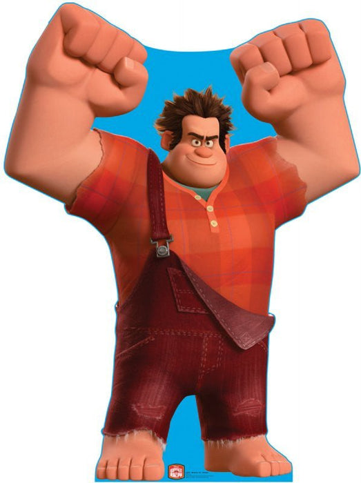 Cardboard standup cutout of Ralph, a large animated character with spiky brown hair wearing a red shirt and maroon pants, with oversized fists raised triumphantly against a blue background.