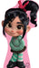 Cardboard standup cutout of an animated girl character with black hair in a ponytail with a pink bow, wearing a green sweater and striped socks against a pink background.