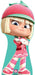 Cardboard standup cutout of an animated girl character with blonde bangs wearing a pink and mint green outfit, matching hat, and striped socks.