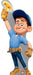 Cardboard standup of a cheerful cartoon character in a blue work shirt and cap, holding a glowing golden hammer above his head with a bright smile.