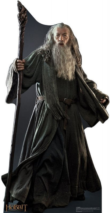 Lifesize cardboard standup of a wizard character with long white beard wearing gray and green robes, holding a wooden staff with carved head.