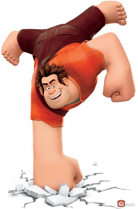 Oversized cardboard standup of a smiling animated character in a red shirt and brown pants performing a dynamic kick pose while breaking through white concrete debris.