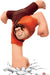 Oversized cardboard standup of a smiling animated character in a red shirt and brown pants performing a dynamic kick pose while breaking through white concrete debris.