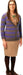 Cardboard cutout of a woman wearing glasses, a purple and brown striped cardigan over a patterned green shirt, tan skirt, and black tights with brown shoes.