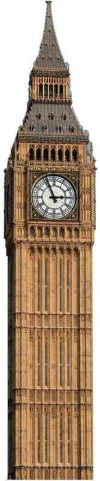 Tall cardboard standup cutout of Big Ben clock tower featuring tan stone texture, ornate architectural details, and a white clock face with black hands.
