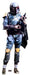 Full-size cardboard standup figure of a bounty hunter in black and blue armor with helmet, chest plate, and weapons against a white background.