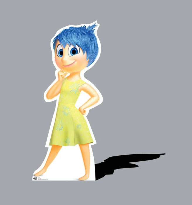 Cardboard standup cutout of an animated character with bright blue hair wearing a yellow dress with blue floral patterns, smiling with an cheerful expression.