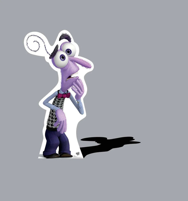 Purple cartoon character with large eyes and curly antennae wearing a patterned vest and bow tie, shown as a cardboard standup cutout against a gray background.