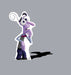 Purple cartoon character with large eyes and curly antennae wearing a patterned vest and bow tie, shown as a cardboard standup cutout against a gray background.