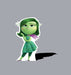 Green-skinned animated character with long dark hair, wearing a green patterned dress and purple accessories, shown in a dismissive pose against a gray background.