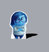 Blue animated character with round glasses and blue hair wearing a light gray knit sweater with a blue bow tie, depicted as a cardboard standup cutout against a gray background.