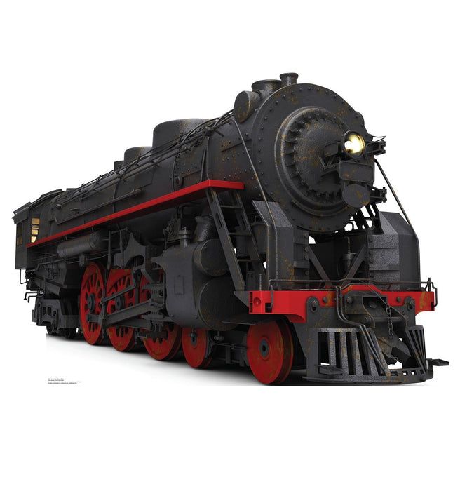 Vintage black steam locomotive with red accents and wheels, featuring a lit headlight and detailed metallic boiler against a white background.