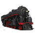 Vintage black steam locomotive with red accents and wheels, featuring a lit headlight and detailed metallic boiler against a white background.