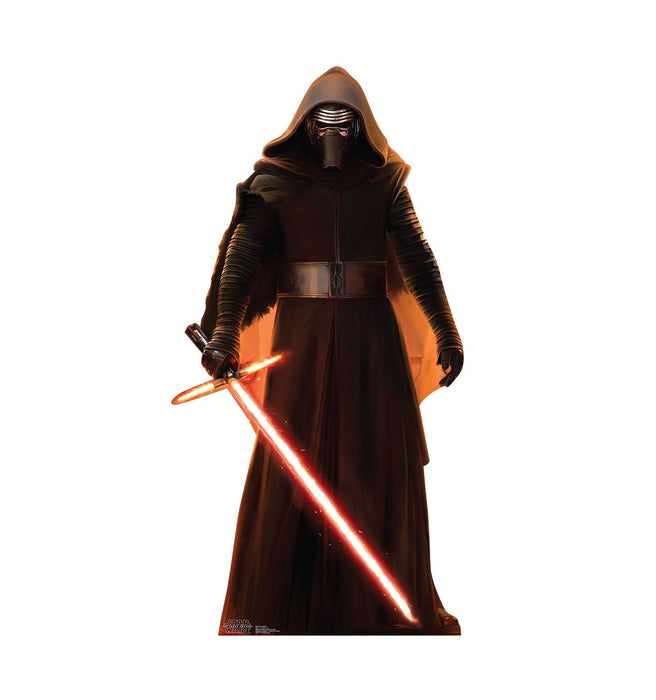 Lifesize cardboard standup of a figure in dark brown robes with a black mask, holding an illuminated red crossguard lightsaber against a white background.