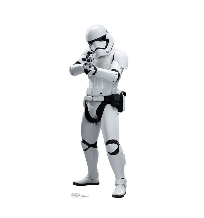 White and black armored stormtrooper figure standing upright with blaster rifle raised, featuring detailed helmet with angular visor and equipped utility belt.