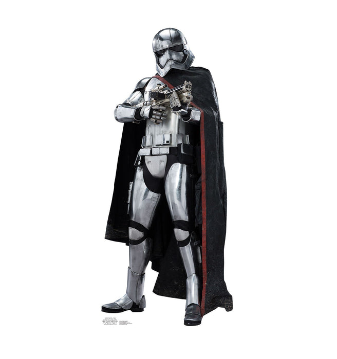 Chrome and white armored stormtrooper figure with black cape and red stripe, holding a blaster rifle in a standing pose against a white background.