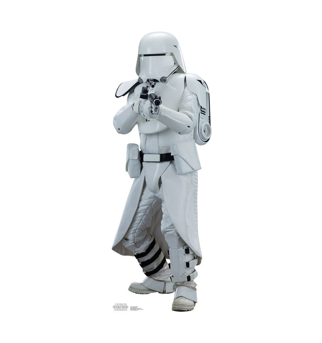 White armored stormtrooper figure wearing a long quilted coat and holding a blaster rifle, standing against a white background.