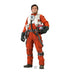 A life-size cardboard standup depicts a pilot in a bright red and white flight suit holding a matching red and black helmet, wearing black gloves and boots.