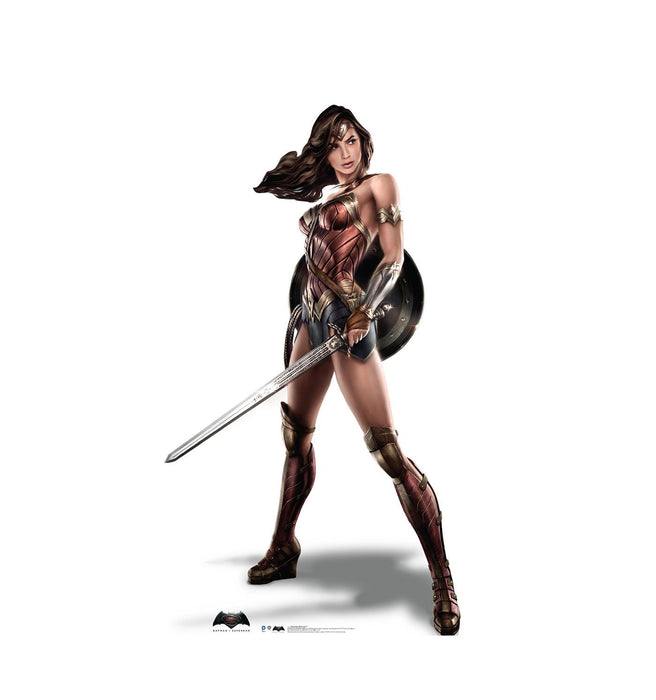Lifesized cardboard standup of a female warrior character with long dark hair, wearing a brown and bronze armor breastplate, black skirt, and leg wraps, holding a silver sword and shield against a white background.