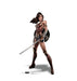 Lifesized cardboard standup of a female warrior character with long dark hair, wearing a brown and bronze armor breastplate, black skirt, and leg wraps, holding a silver sword and shield against a white background.