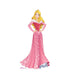 Cartoon illustration of a princess with long blonde hair wearing a red bodice with pink off-shoulder sleeves and an elaborate pink gown with decorative patterns and sparkles.