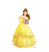 Cardboard standup figure of a Disney princess with brown hair wearing a yellow ball gown with petal-shaped skirt design, yellow off-shoulder sleeves, and a purple belt.
