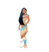 Cardboard standup figure of Pocahontas wearing a tan and blue Native American-inspired dress with decorative beadwork, long black hair with a blue streak, and white leg wraps, standing in a confident pose.