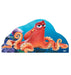 Red octopus character with blue eyes and orange suction cups on tentacles, positioned against a blue underwater background with colorful coral and sea life details in a curved cardboard standup shape.
