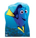 Blue fish character with large pink eyes and yellow fins against an underwater coral reef background on a cardboard standup.