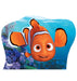 Orange and white clownfish character with large expressive eyes and black-tipped fins, surrounded by colorful coral reef scenery in shades of blue and purple on a die-cut cardboard standup.