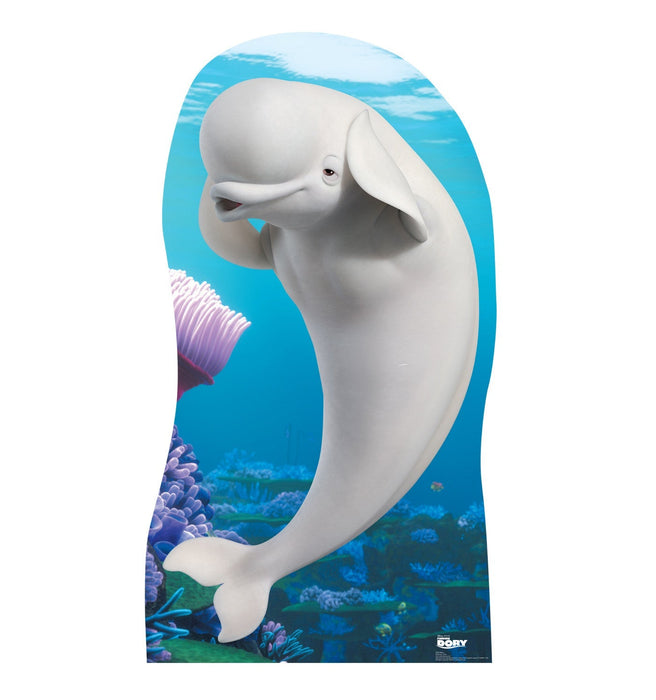 White beluga whale character cardboard standup with underwater coral reef background featuring purple anemones and blue water scene.