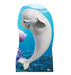 White beluga whale character cardboard standup with underwater coral reef background featuring purple anemones and blue water scene.