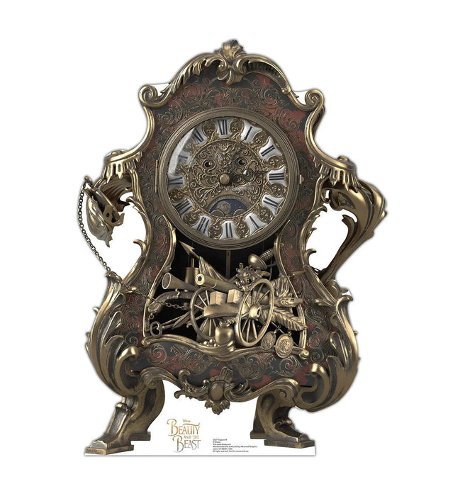 Ornate brass and bronze decorative clock featuring Roman numerals on the face, elaborate scrollwork handles, and a mechanical cannon mechanism at the base, designed as a life-sized cardboard standup.