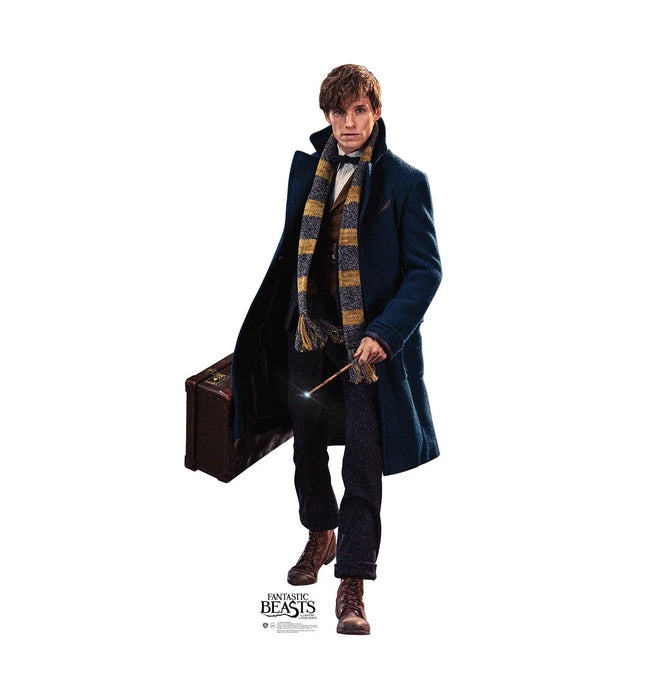 Cardboard standup figure of a young man in a navy wool coat with a striped scarf, holding a wand and vintage suitcase, wearing dark pants and brown boots.