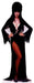 Lifesize cardboard standup of a woman in a black gothic dress with long black hair, red lips, and dramatic makeup, posed with hands on hips.
