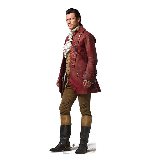 Man in 18th century costume with burgundy leather coat, cream waistcoat, tan breeches, black boots, and white ruffled cravat, standing against white background.
