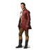 Man in 18th century costume with burgundy leather coat, cream waistcoat, tan breeches, black boots, and white ruffled cravat, standing against white background.