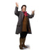 Man in 18th-century costume with gray coat, burgundy bow tie, brown vest, and tan boots stands with arms raised in a welcoming gesture.
