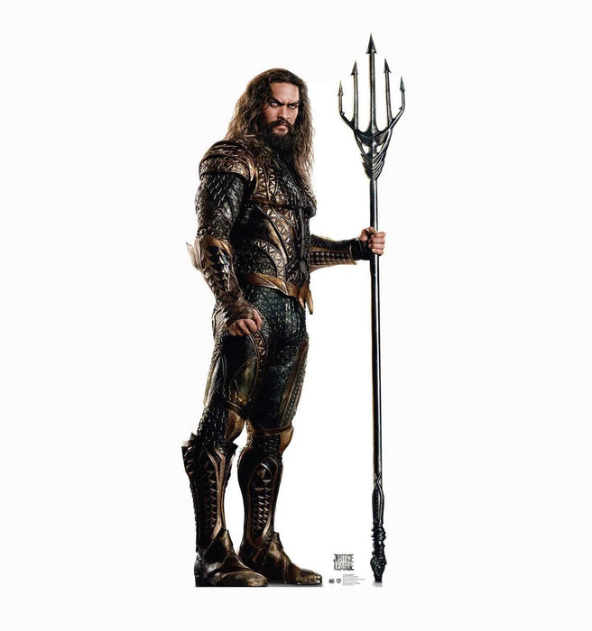 Man with long dark hair and beard wearing ornate black and gold scaled armor holds a large multi-pronged trident against a white background.