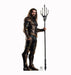 Man with long dark hair and beard wearing ornate black and gold scaled armor holds a large multi-pronged trident against a white background.