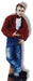 Life-size cardboard standup figure of a man wearing a red jacket, white t-shirt, and blue jeans with a casual pose against a white background.