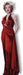 Life-size cardboard standup figure wearing a glamorous red halter gown with styled blonde curled hair and red lips.