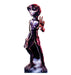 Lifesize cardboard standup of a humanoid alien figure with a gray-purple body, large black oval eyes with glowing pupils, red-tinted head and limbs, and an outstretched hand in a peace gesture.