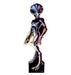Life-size cardboard alien standup figure with a gray head, large black almond-shaped eyes, and a slender body depicted in metallic blue, pink, and cream tones against a black base.